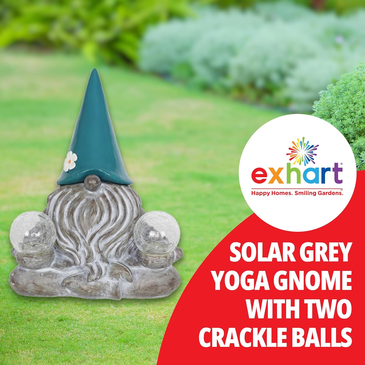 Exhart Garden Sculpture, Meditating Yoga Solar Garden Gnome Statue. LED Flower Hat with 2 Glass Crackle Balls, Outdoor Garden Decoration, 9 x 11.5 Inch