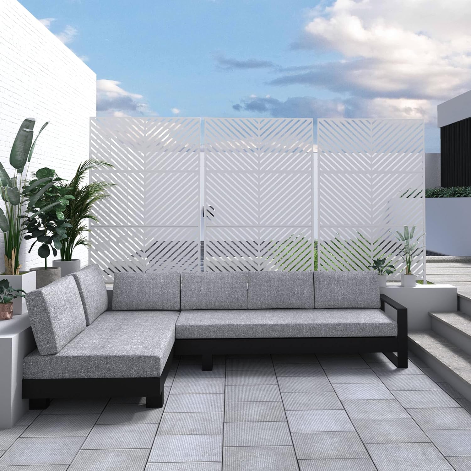 Metal Privacy Screen Outdoor 72" H×47" W,Freestanding Decorative Privacy Screen for Balcony Yard&Garden, Privacy Fence-White&Arrow