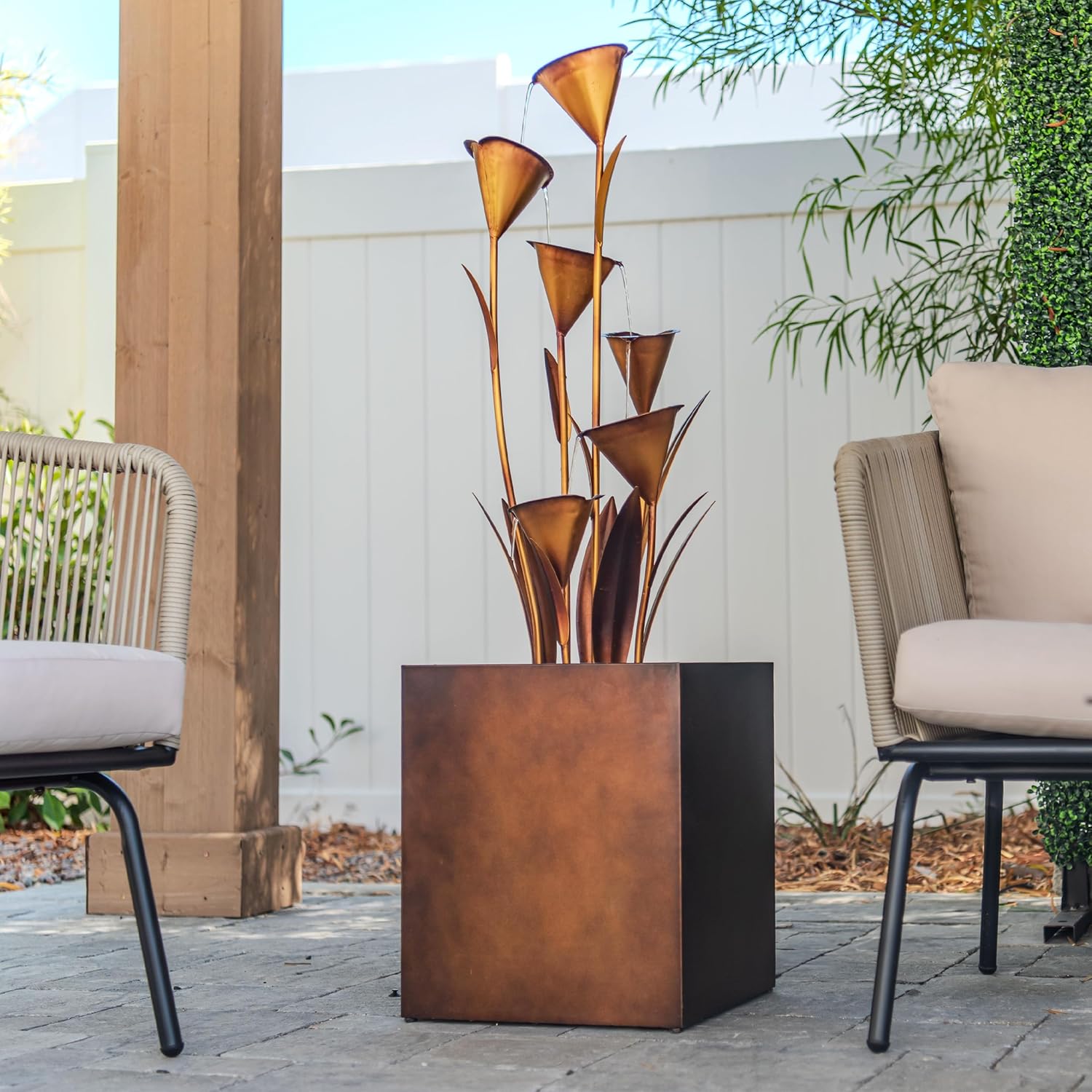 XBrand Sculptural Freestanding Metal Multi-Tiered Water Fountain w/Flowers, No LED Lights, Bronze, 46" Tall