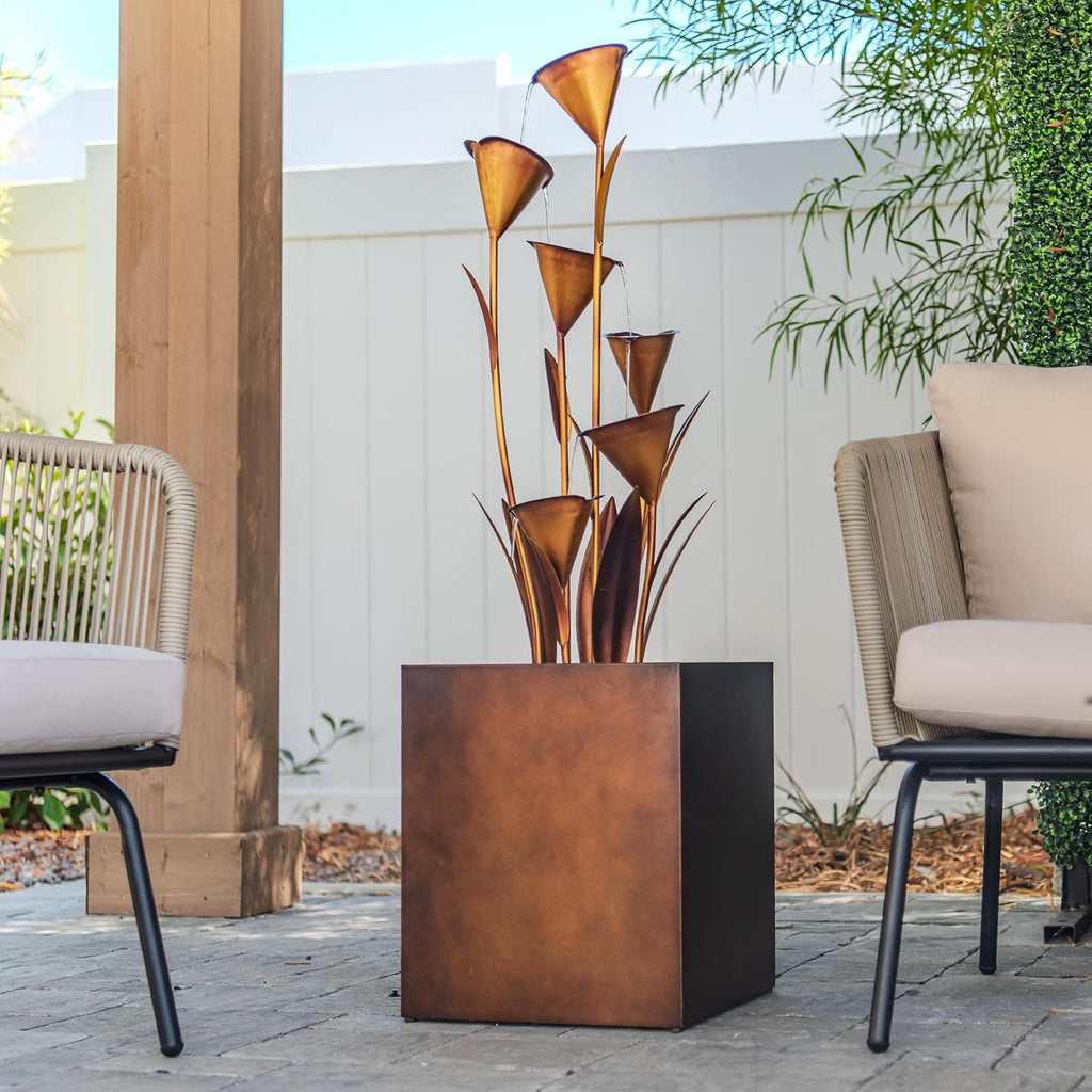 XBrand Freestanding Sculptural Metal Multi-Tiered Flower Water Fountain, No LED Lights, Bronze, 46" Tall