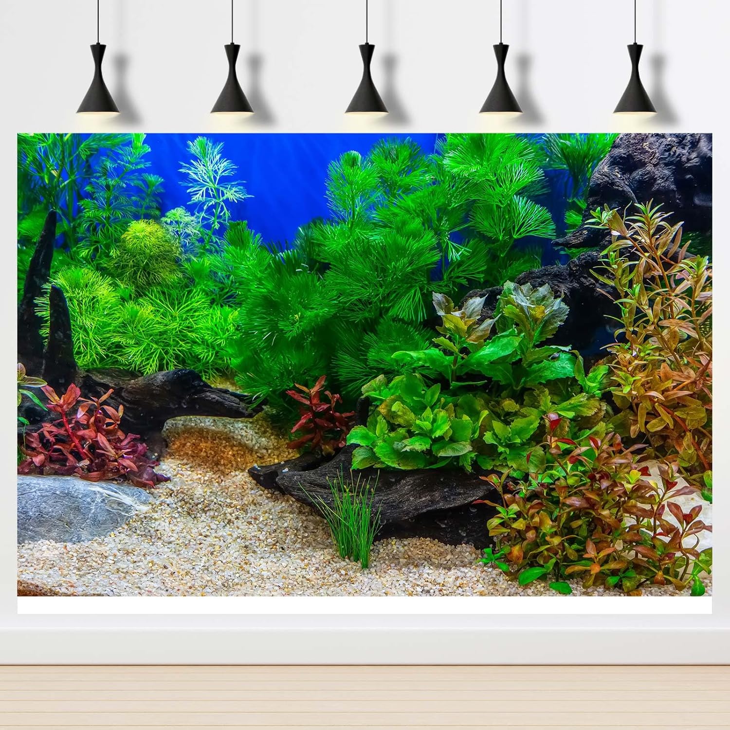 Aquarium Background Underwater Grass Leaves with Pebble Aquarium Backdrop Vivid and Fresh Green Aquatic Plant Stone River Bed and Lake Fish Deadwood Tank Background Decor Vinyl 48x20in
