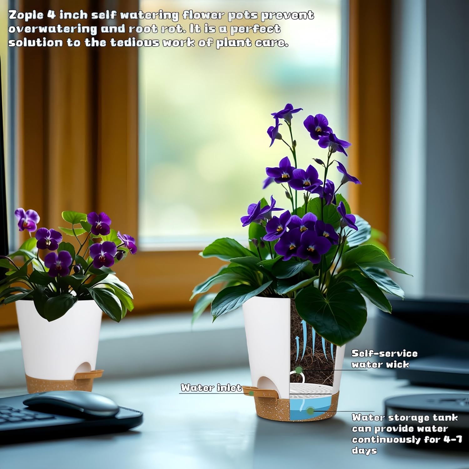 12 Pack 4 Inch Self Watering Plant Pots with Drainage and Saucers，Plastic Flower Pots for Indoor and Outdoor Plants, Nursery Planters for Houseplants and Herbs White Brown, 4 inch 12pcs