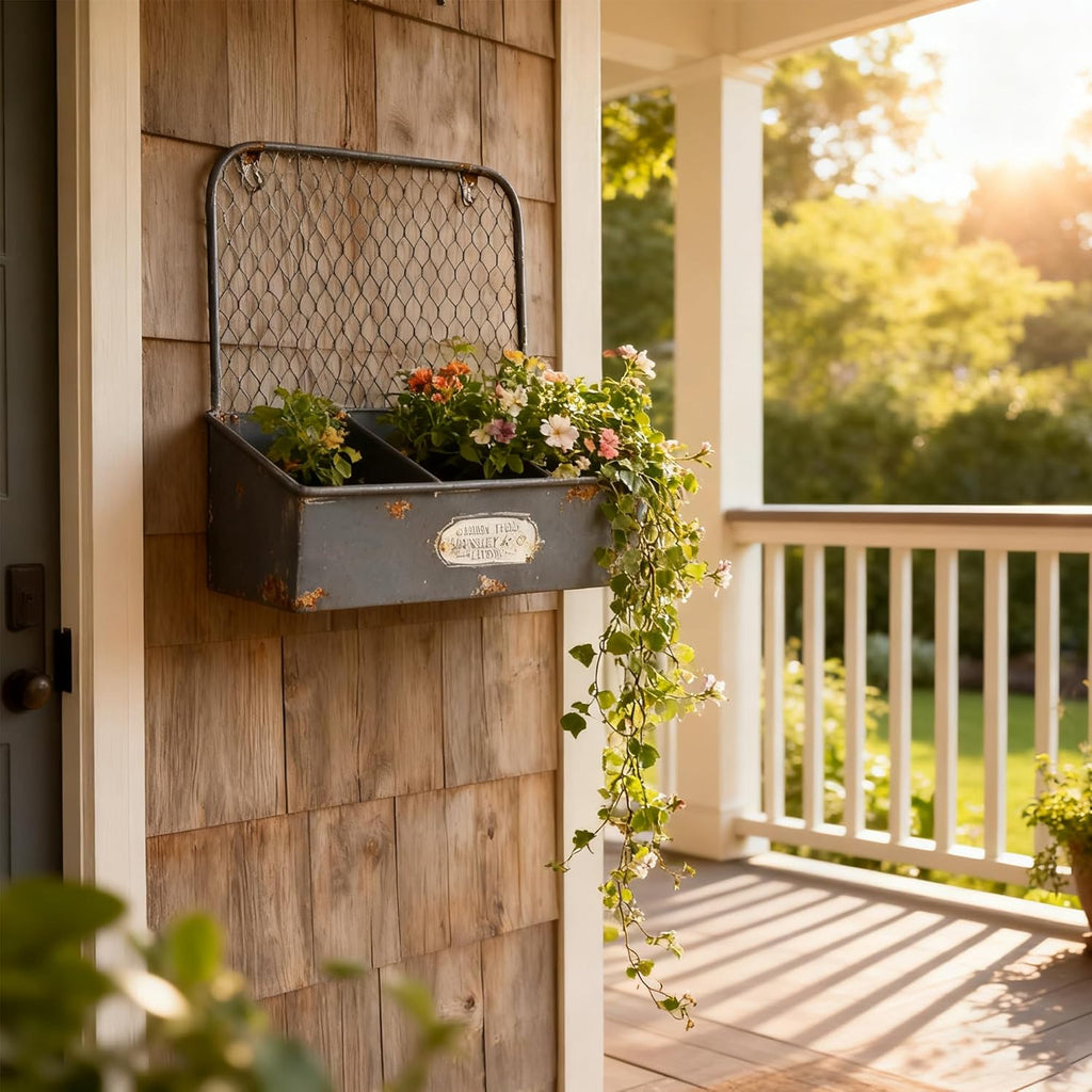 Rustic Metal Wall Mounted Planter Vintage Hanging Flower Pot with 3 Compartments Farmhouse Plants Holder Succulents Tubs for Garden Railing Fence Patio Yard Outdoor Decor