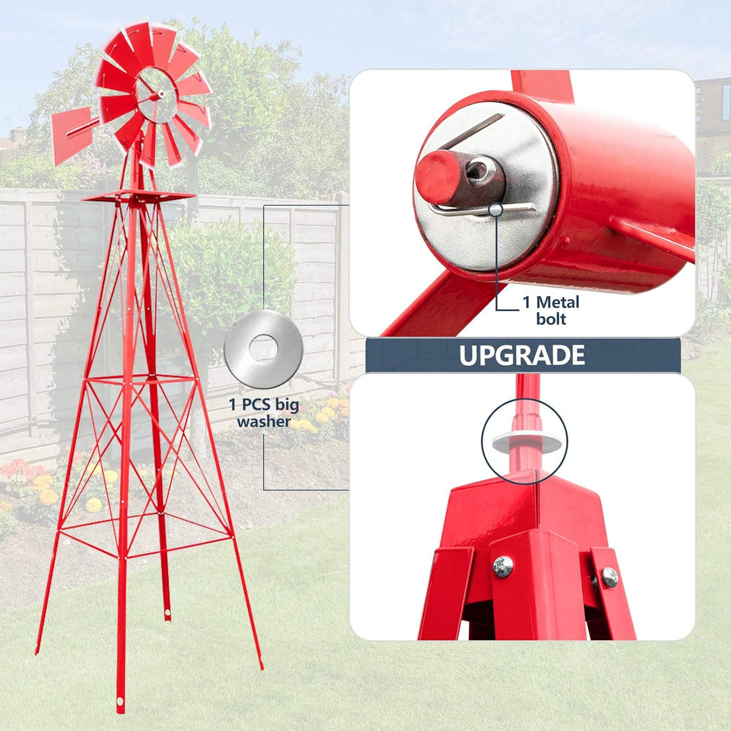 8ft Garden Windmill, Heavy Duty Durable Metal Weather Vane for Backyard, Ornamental Windmill for Yard Weather Resistant (Red, 8FT)