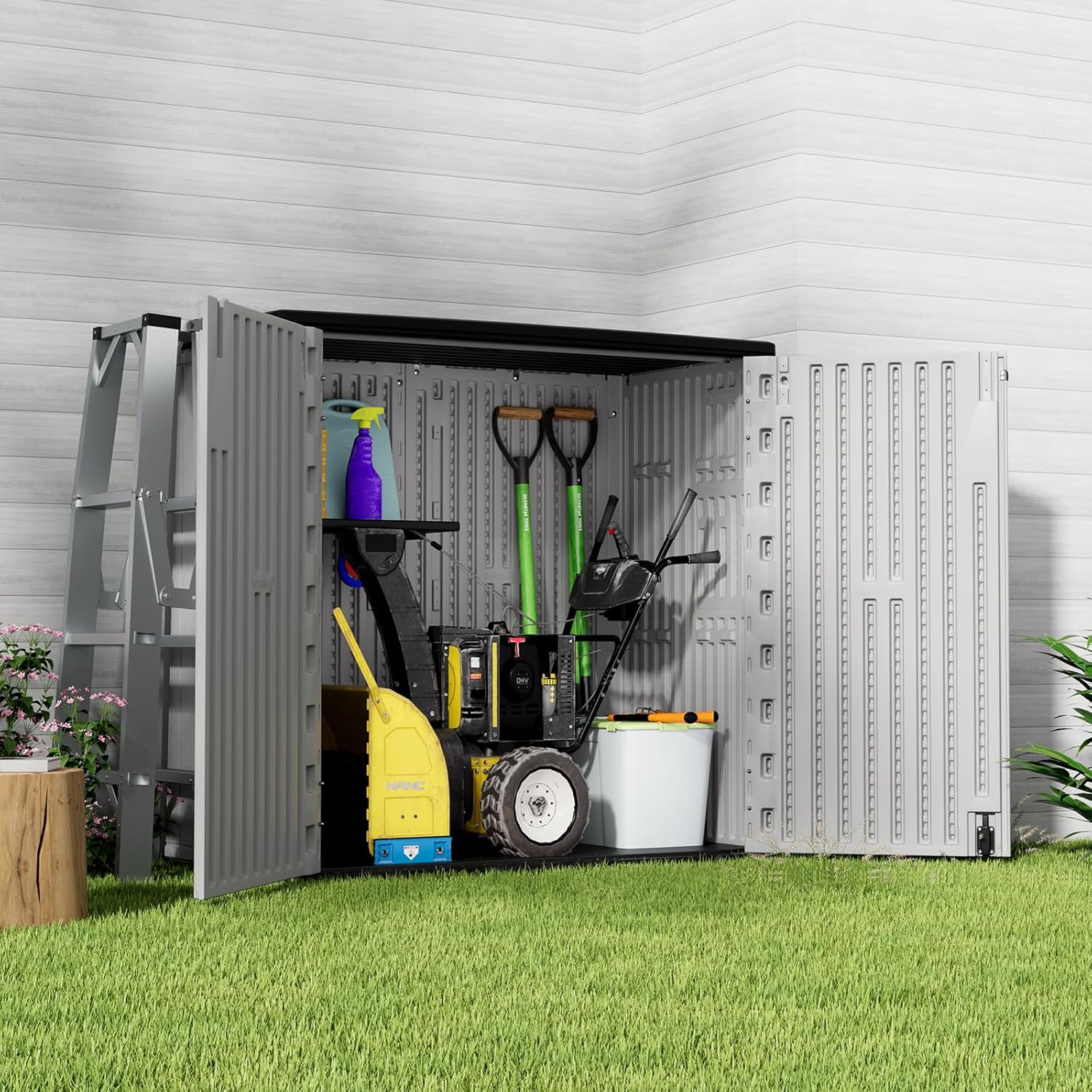 HOMSPARK 37 Cu.Ft Outdoor Storage Shed Weather Resistant, Multi Functional | Double-Wall Resin Storage Sheds & Outdoor Storage Box Waterproof for Backyard Garden Patio Lawn (Light-Grey)