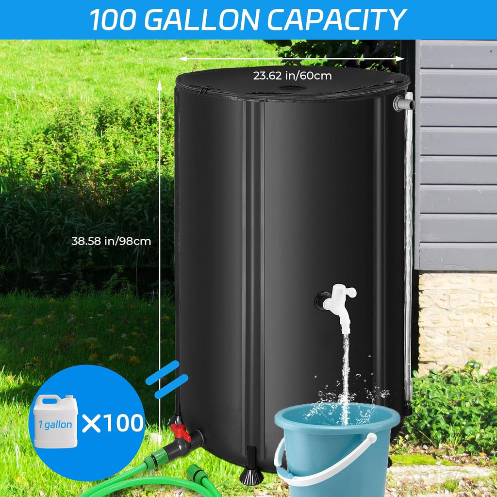 Rain Barrels to Collect Rainwater from Gutter - Rain Collection Barrel Water Barrel Rainwater Collection System Collapsible Rain Barrel Include Filter Two Spigots and Overflow Kit (100 Gallon, Black)