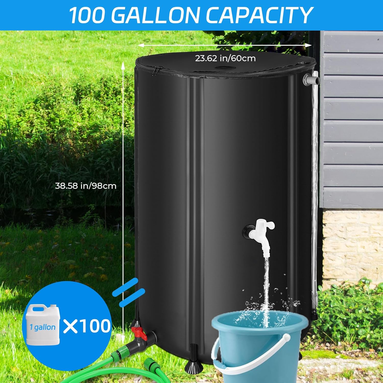 Rain Barrels to Collect Rainwater from Gutter - Rain Collection Barrel Water Barrel Rainwater Collection System Collapsible Rain Barrel Include Filter Two Spigots and Overflow Kit (100 Gallon, Black)