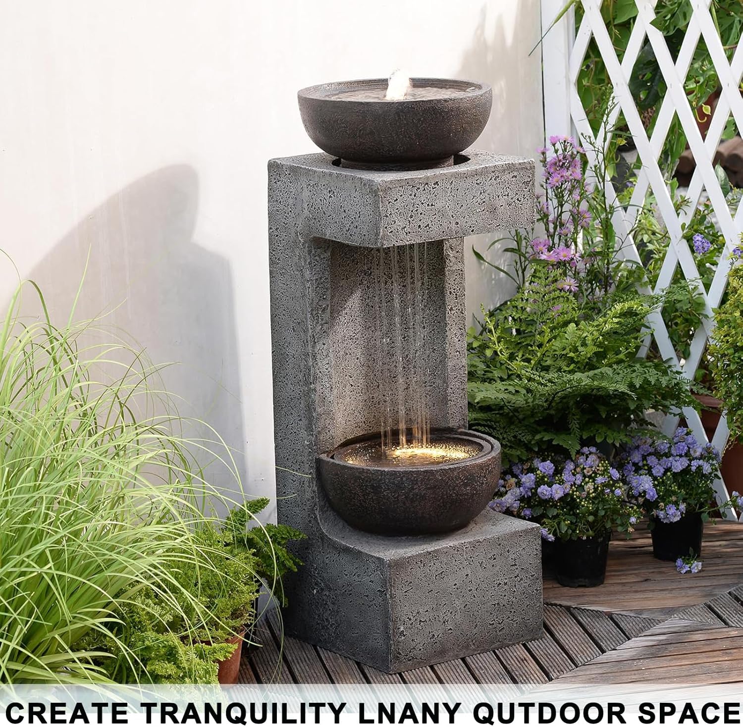 33.9" Waterfall Fountain Outdoor with LED Lights – Modern Rain Curtain Resin Garden Waterfall and Fountains, Bowl Design Outdoor Water Feature for Patio, Porch, Backyard, Lawn & Home Decor