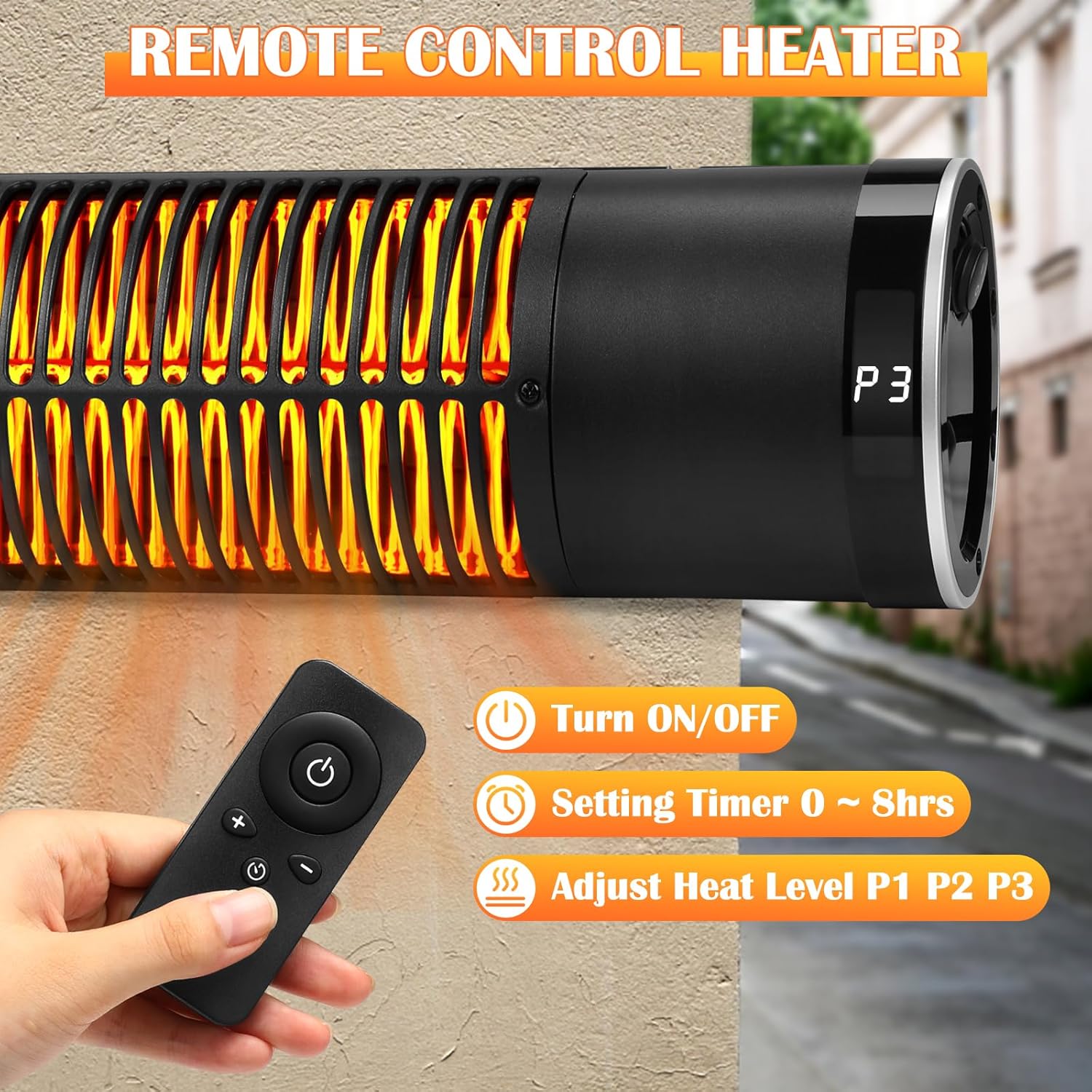 Electric Outdoor Heater, 1500W Patio Heater for Outdoor Use, Wall-Mounted Carbon Infrared Heater,With Remote, 3 Heat Levels, 8H Timers, Radiant Heater for Garage, Gazebos, Shop, Pack of 2