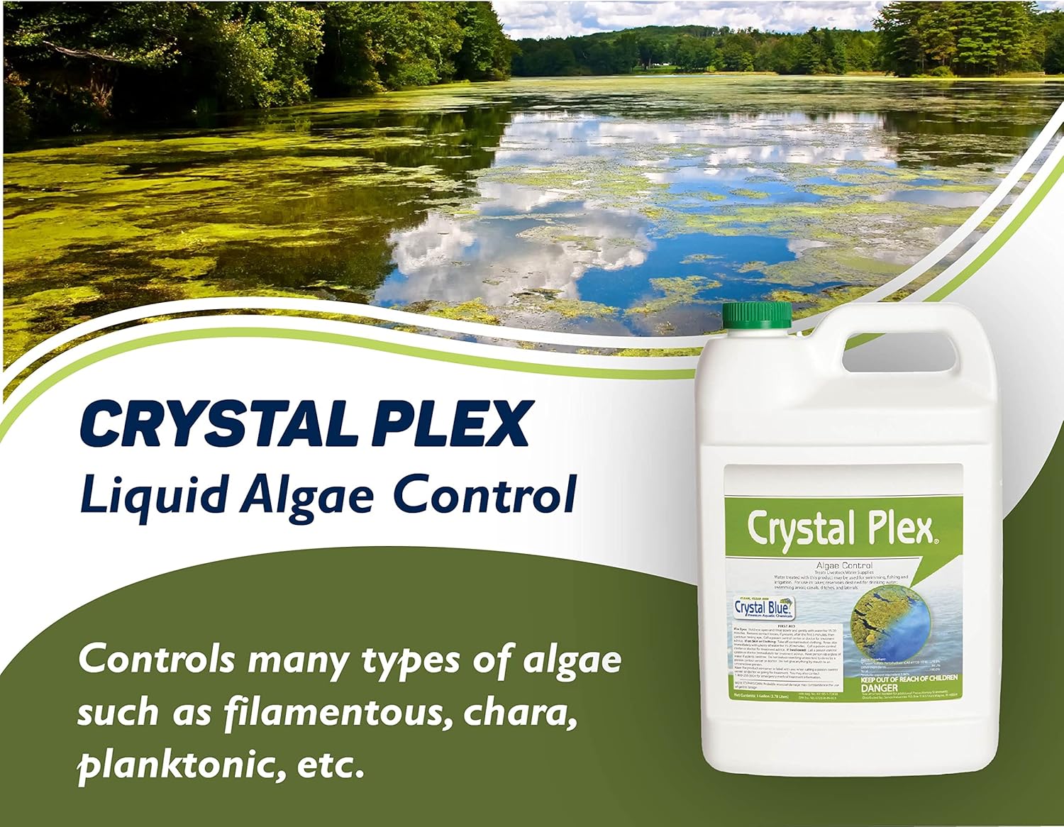 Crystal Plex - Lake and Pond Algaecide Treatment - Liquid Copper Algaecide Kills and Prevents Various Types of Algae (Planktonic, Filamentous, Chara) - 1 Gallon Treats up to 1 Acre