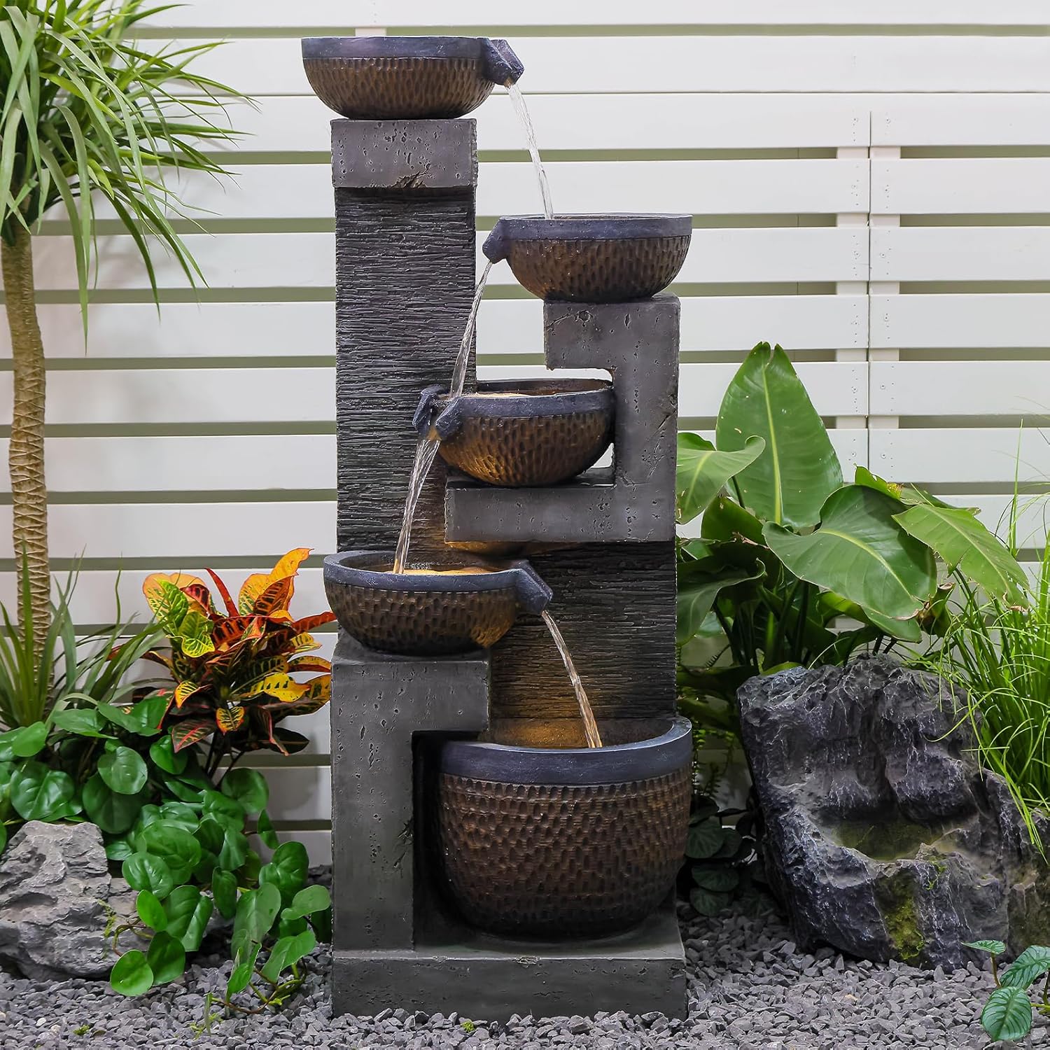 50" H Large Garden Fountains Outdoor, 5-Tier Cascading Rustic Style Bowl Water Fountain and Waterfall Feature with Light and Pump for Garden, Patio, Deck, Porch, Home Décor, Gray&Brown