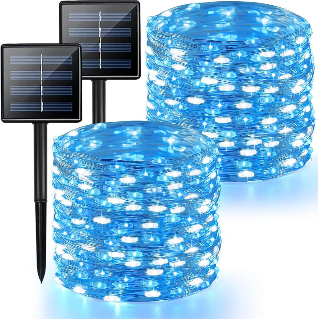 2 Pack Blue and White Solar String Lights Outdoor, 80FT 200 LED Waterproof Silver Wire Fairy Light, 8 Modes Solar Twinkle Light for Christmas Wedding New Year Independence Day Patio Fence Tree Decor