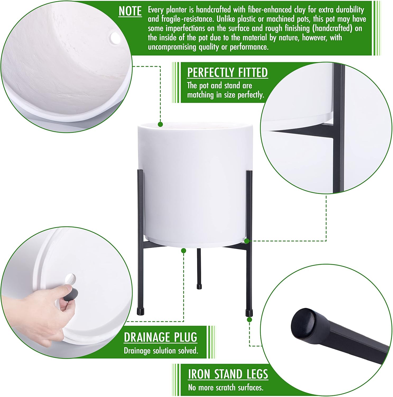 D'vine Dev Modern White Plants Pot Cylinder Planter with Heavy Duty Stand, Medium 10 Inch Pot, 16.3 Inch with Stand Height, 96-T-A-2