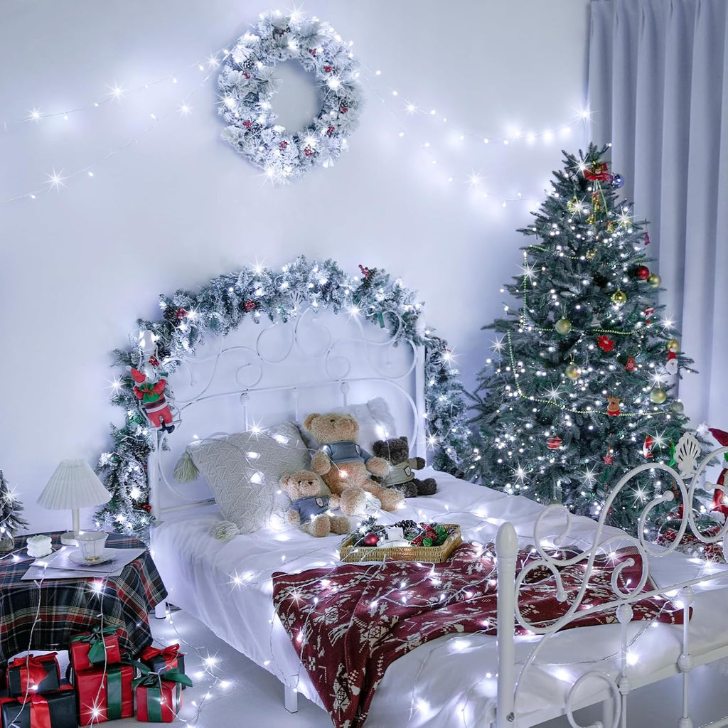 JMEXSUSS 33ft 100 LED White Christmas Lights, 8 Modes Connectable Clear Wire Twinkle Fairy String Lights Indoor, Plug-in Christmas String Lights Outdoor Waterproof for Christmas Wedding Party Tree