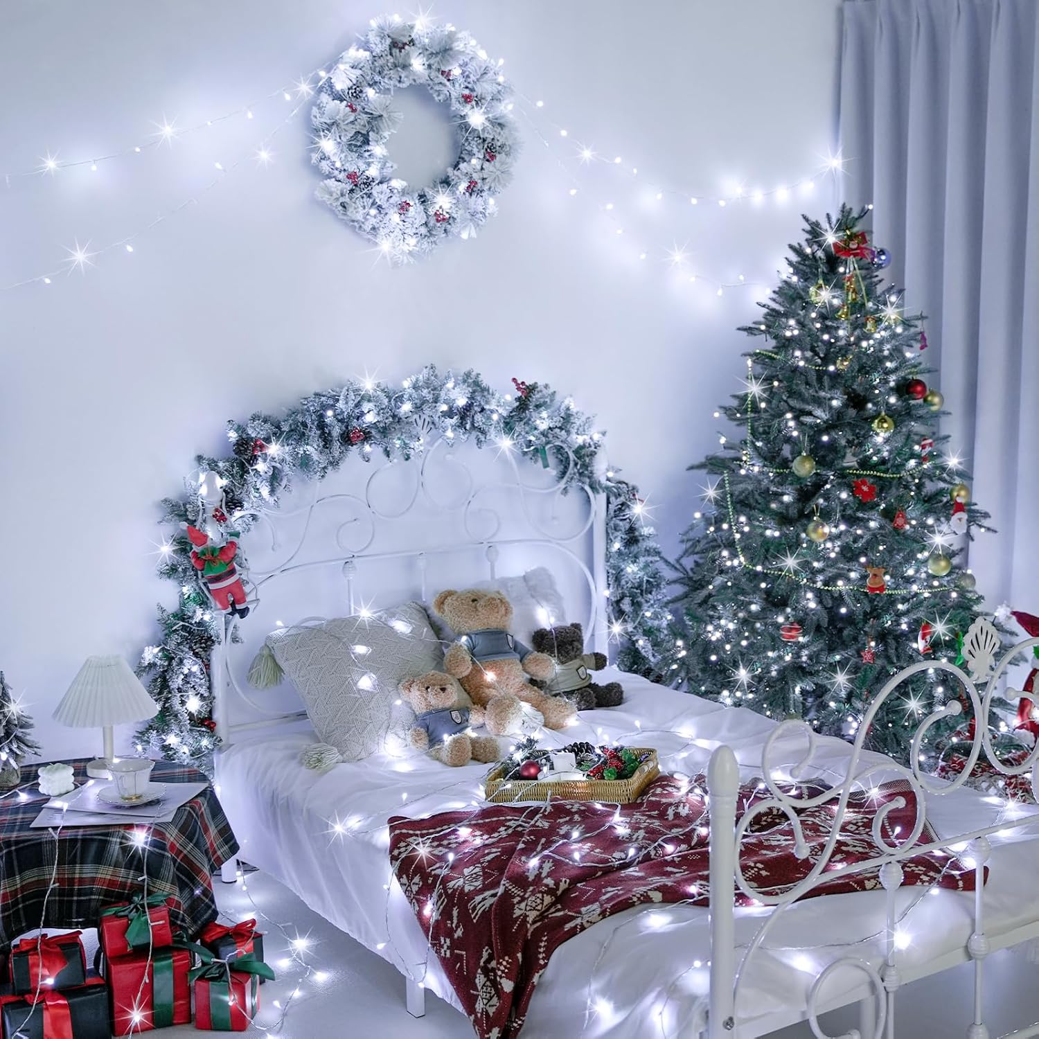 JMEXSUSS 33ft 100 LED White Christmas Lights, 8 Modes Connectable Clear Wire Twinkle Fairy String Lights Indoor, Plug-in Christmas String Lights Outdoor Waterproof for Christmas Wedding Party Tree