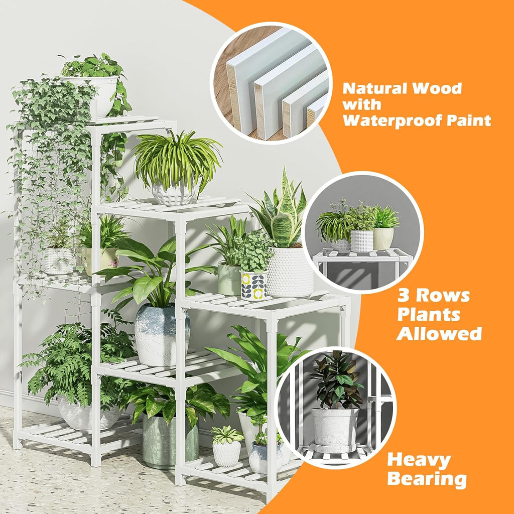 Bamworld Indoor Plant Stand Outdoor White Shelf Bamboo Plant Table for Multiple Plants 3 Tiers 7 Pots Ladder Holder Pot Window Garden Balcony Living Room