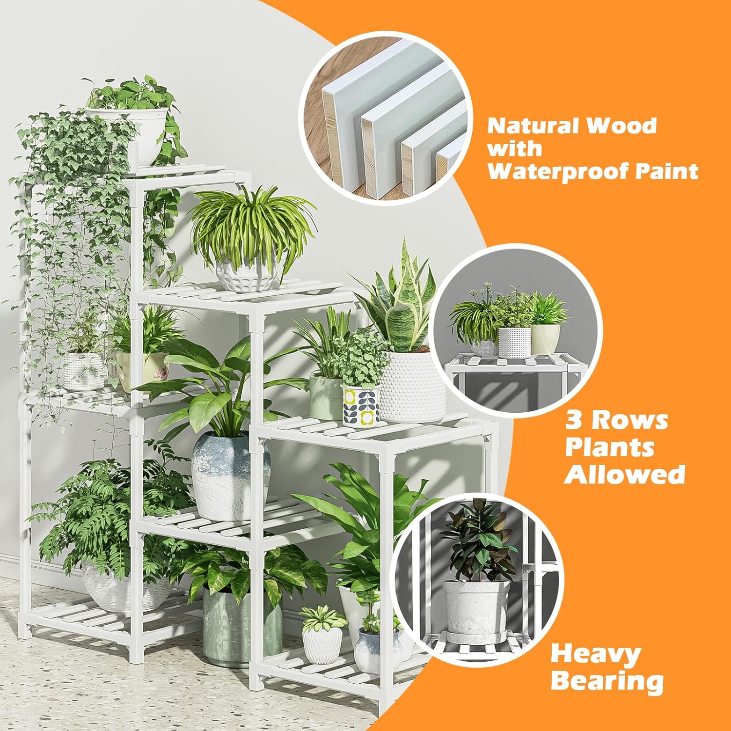 Bamworld Indoor Plant Stand Outdoor White Shelf Bamboo Plant Table for Multiple Plants 3 Tiers 7 Pots Ladder Holder Pot Window Garden Balcony Living Room