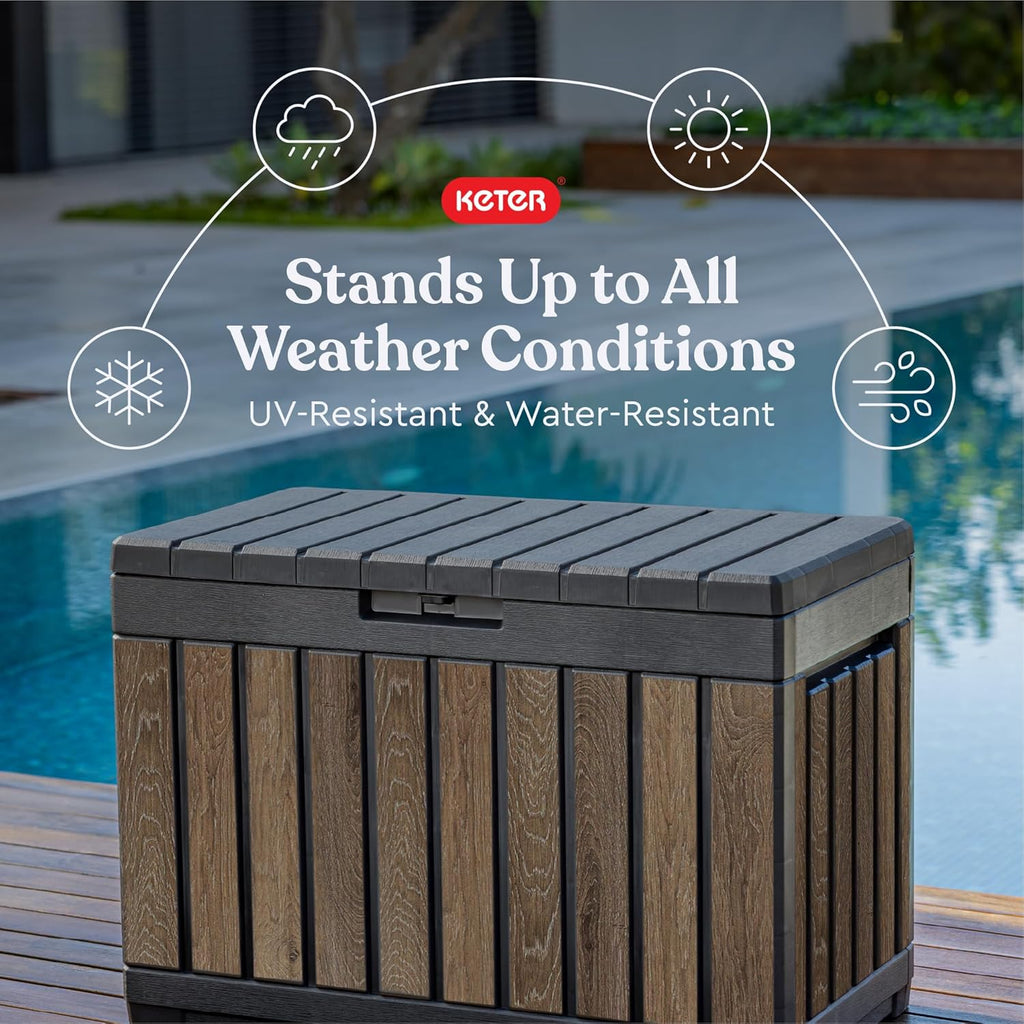 Keter Signature Everwood 50 Gallon Resin Outdoor Storage Box and Patio Furniture Side Table for Pool and Garden Accessories, Walnut