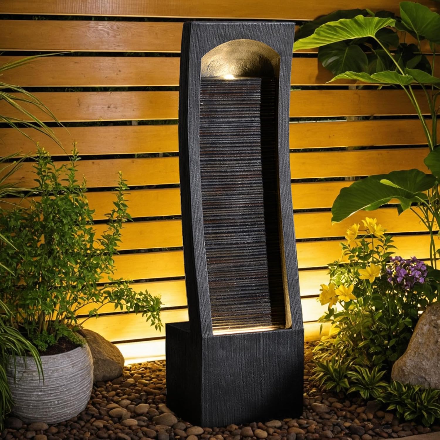 42.3" H Water Feature Outdoor Faux Slate Contemporary Waterfall Fountain Indoor for Garden, Backyard, Deck, Porch and Home Art Decor Large Outdoor Fountain with Lights