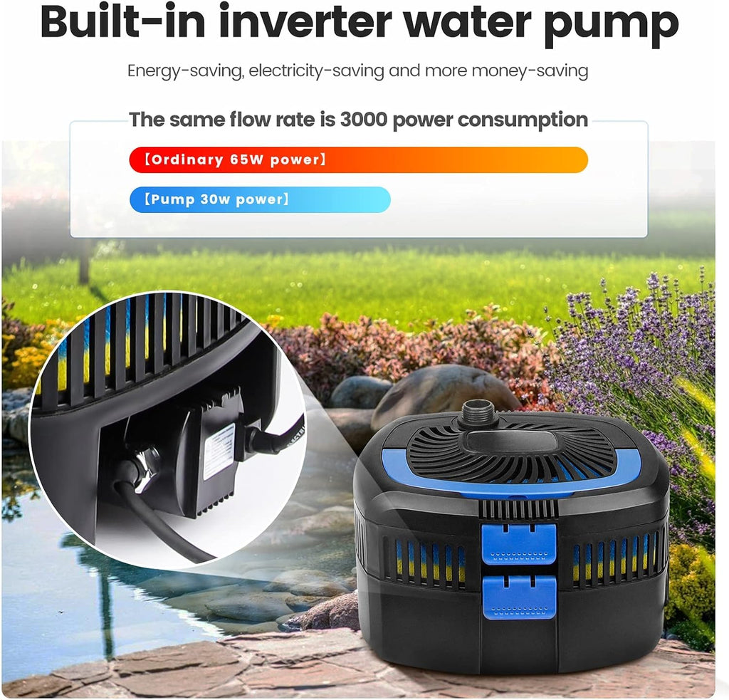 ANBULL 1370GPH Pond Filter Pump, 110V/57W All-in-one Fountain Kit, Variable Frequency Water Pump with 13W UV-C, High Efficiency Filter Water Pump for Outdoor Ponds up to 2113 Gallons