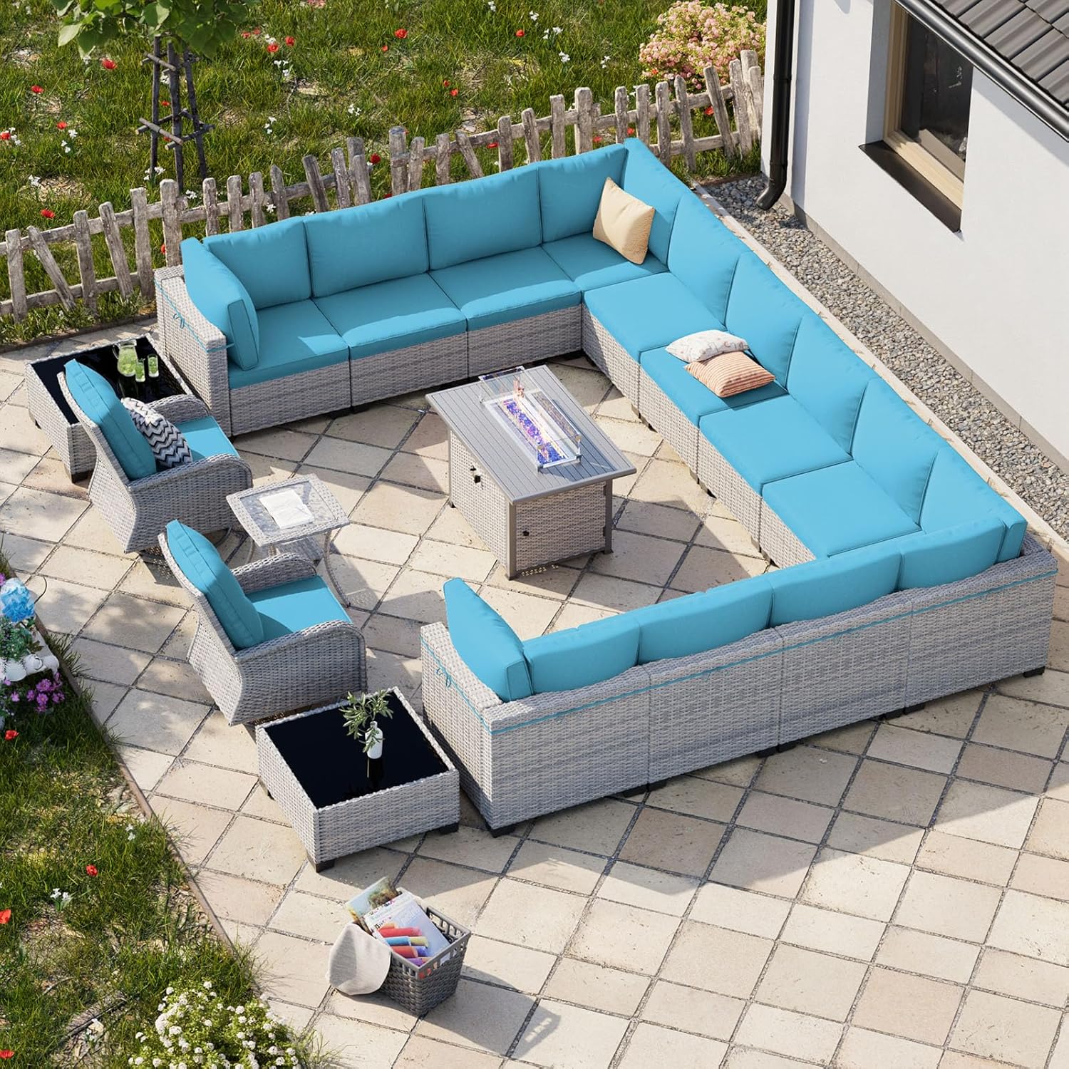 18-Piece Patio Furniture Set, Outdoor Patio Furniture with 55,000 BTU Fire Pit Table, Swivel Chairs Set, Thick Cushions, Modular Patio Sofa, Dual-Strand Wicker Rattan, Rust-Resistant Frame,Lake Blue