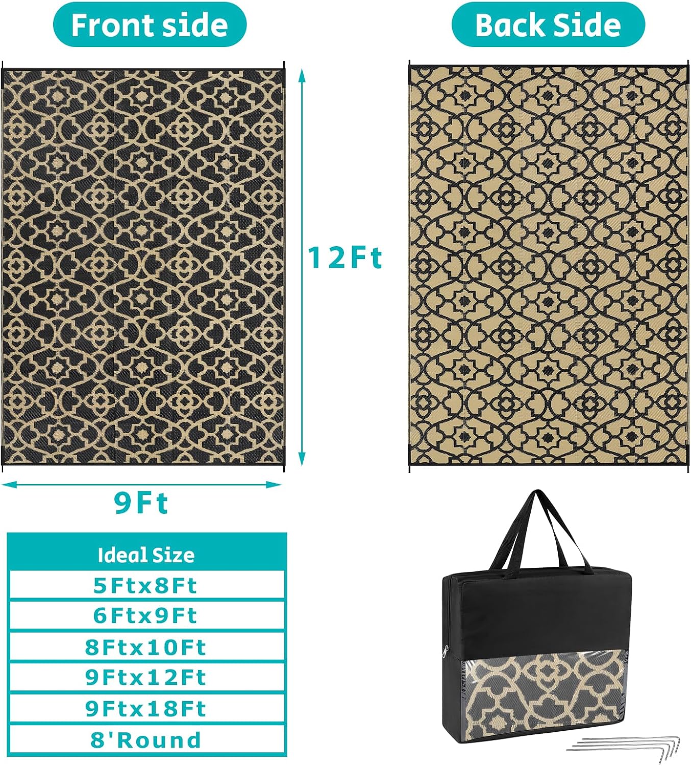 HEBE Outdoor Rug Waterproof 9x12, Reversible Plastic Straw Rug RV Camping Rug, Indoor Outdoor Patio Mat Clearance, Outside Carpet for Porch,Deck,Camper,Balcony,Backyard,Picnic