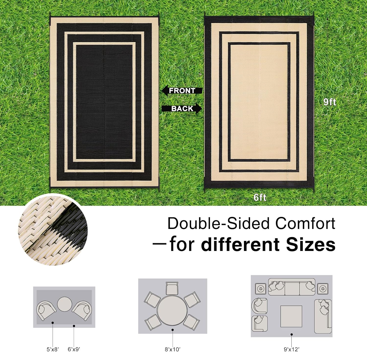 OLANLY Outdoor Rug 6x9 ft Waterproof, Reversible Outdoor Plastic Straw Rug, RV Mat, Indoor Outdoor Carpet Clearance for Patio, Camping, Balcony, Deck, Backyard, Black & Beige