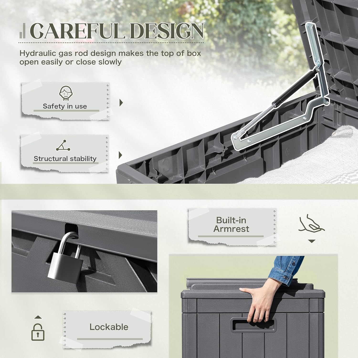 Greesum 100 Gallon Resin Deck Box Large Outdoor Storage with Cushions for Patio Furniture, Garden Tools, Pool Supplies, Weatherproof and UV Resistant, Lockable,Gray