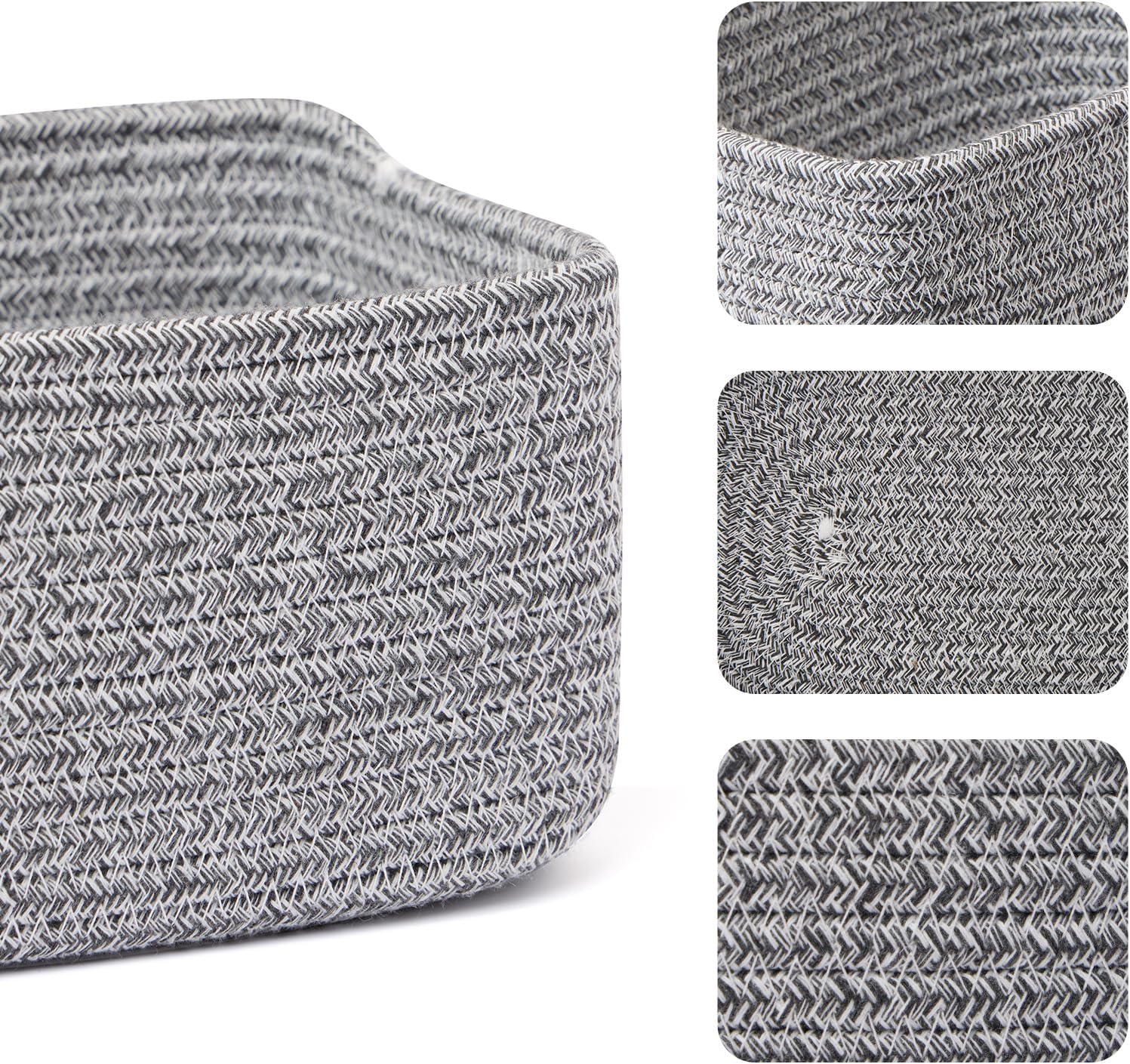 Small Storage Baskets for Organizing | Closet Organizer Bins | Shelf Toy Basket | Woven Rope Baskets | Cube Decorative Box | Shallow Basket | 11.5x7.5x4.7” | 3 Packs Mixed Grey