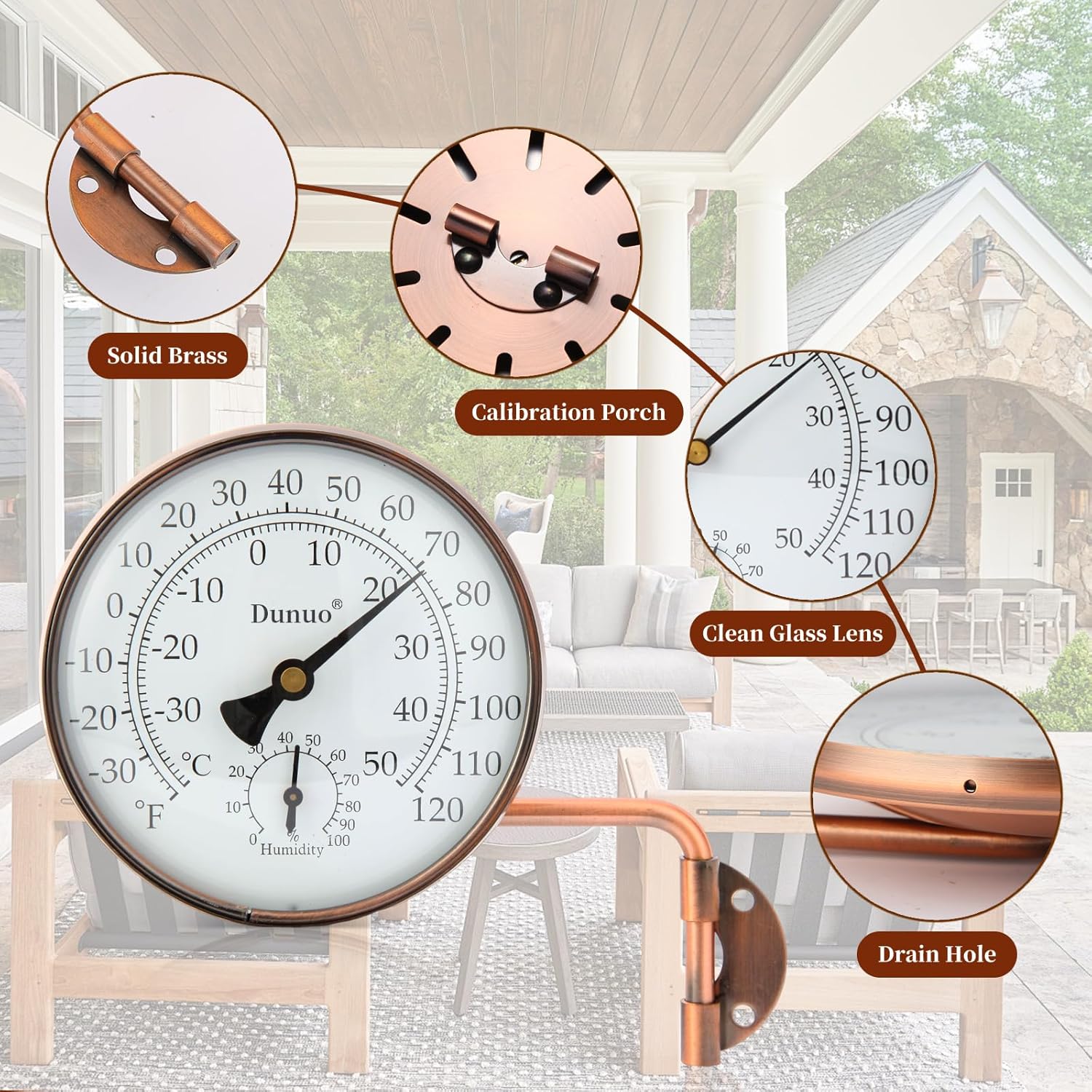 4-Inch Copper Outdoor Thermometer - Analog Temperature Gauge for Patio, Greenhouse and Garage. Decorative, Weather-Resistant, Solid Brass Swivel Design (4inch Thermo&Hygrometer)