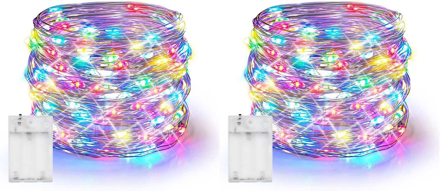 Dazzle Bright Fairy Lights Battery Operated, 2 Pack Total 40FT 120LED Silver Wire Waterproof String Lights, Christmas Decorations for Indoor Outdoor Bedroom Yard Decor, Multi-Colored