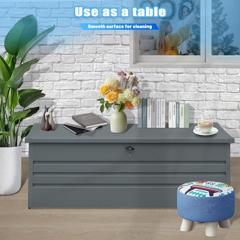 260 Gallon Outdoor Storage Box Waterproof, Extra Large Metal Deck Box and Patio Cushion Box for Storing Gardening Tools, Pool Supplies