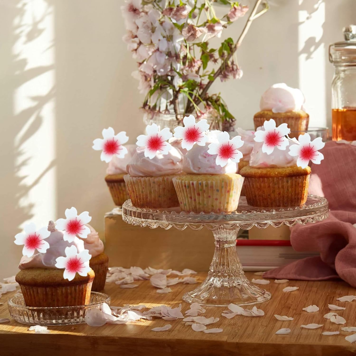 Ephlyn 100Pcs Edible Cherry Blossom Cupcake Toppers Edible Wafer Paper Flowers for Spring Bridal Engagement Baby Shower Birthday Party Cupcake Picks Anniversary Party Decorations Supplies