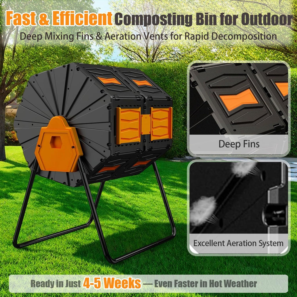 Compost Bin, 45 Gallon Dual Chamber Composter Tumbler, 360 Rotating Compost Bin Outdoor BPA-Free Fast-Working Tumbling Compost Barrel, Large Composting Bin Kitchen Garden Compost Tumbler