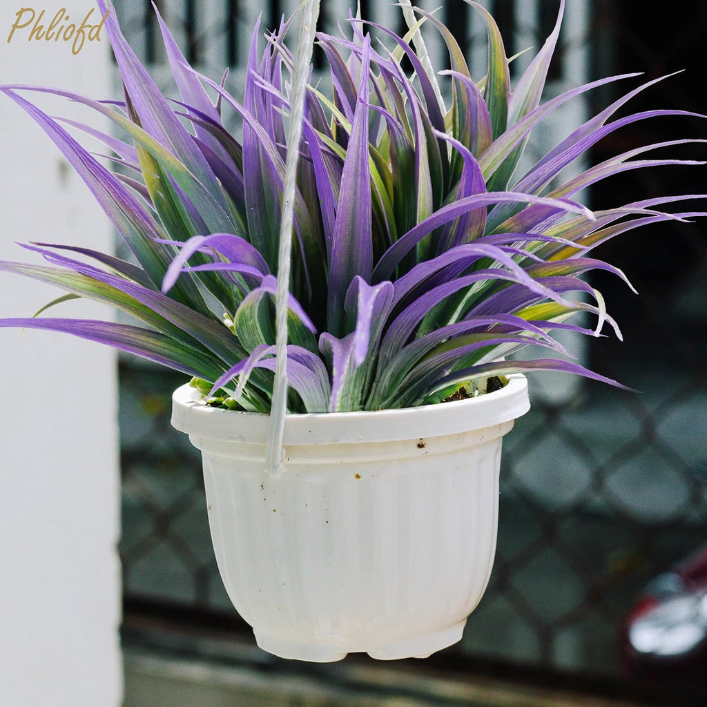 6Pcs Artificial Grass Fake Plants 17.3in Outdoor Plants UV Resistant Faux Greenery Stems Fake Grass for Home Window Garden Office Patio Pathway Front Porch Halloween Décor Green & Purple