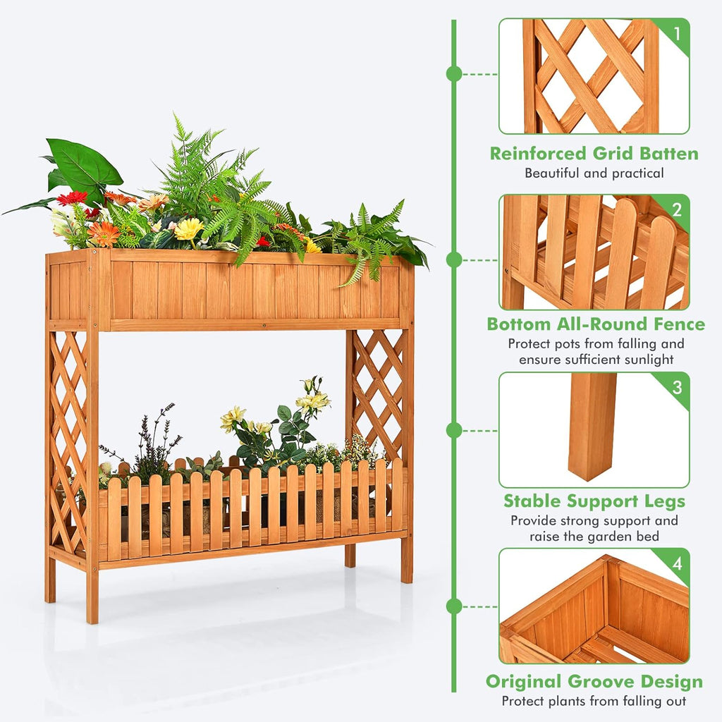 S AFSTAR 2-Tier Raised Garden Bed, Indoor Outdoor Flower Bed with Bottom Shelf Fence, 35.5” H Wood Elevated Planter Box for Vegetable Flower Herb Succulent, Ideal for Patio Balcony Backyard