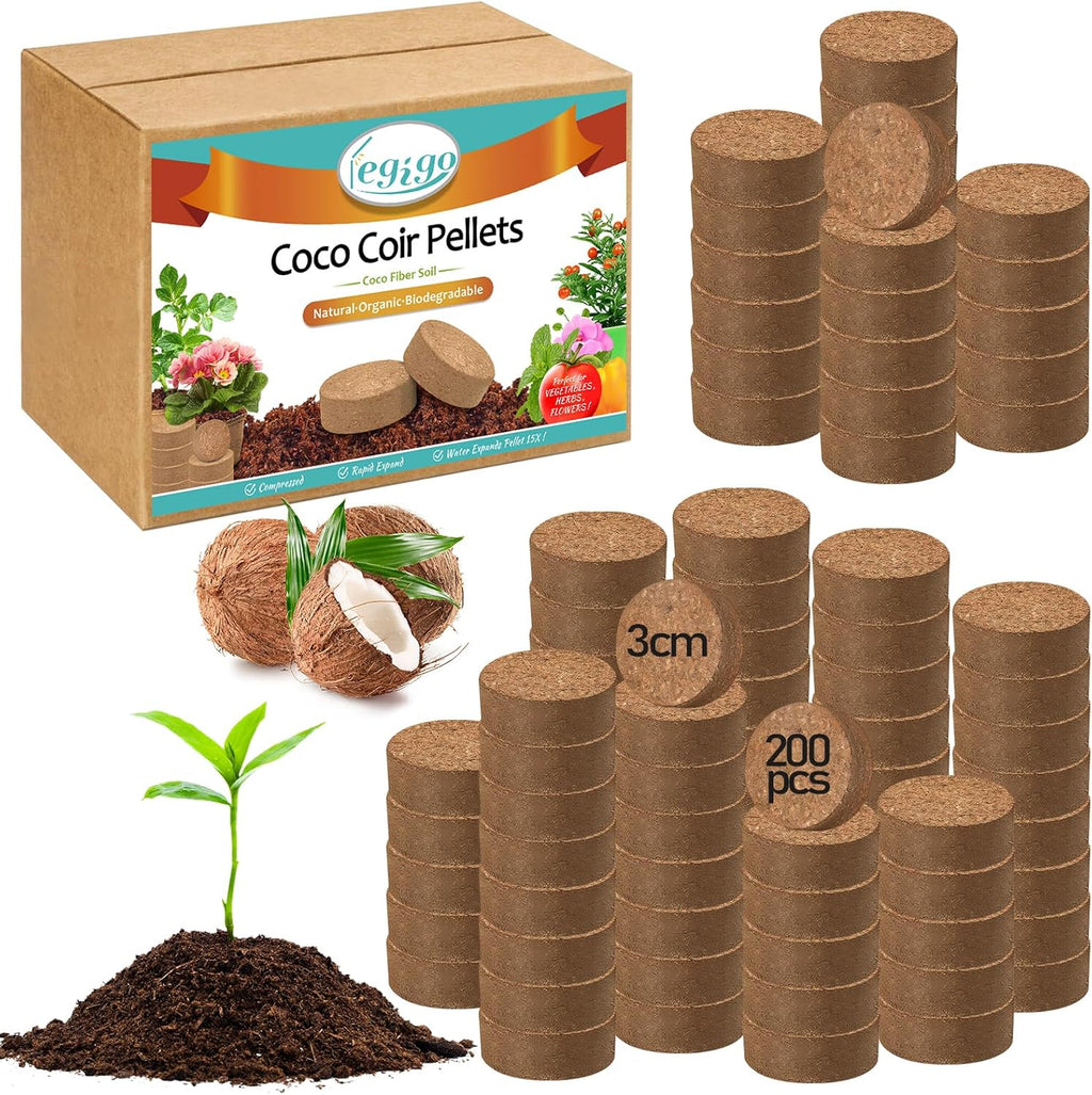 Legigo 200 Pcs 30mm Coco Coir Pellets Seed Starting Soil Mix- Compressed Coconut Coir Pellets Potting Soil Pods for Seedling, Coco Peat Soil Discs for Indoor & Outdoor Plants, Herb Vegetables Flowers