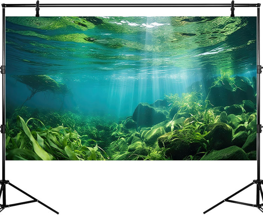 Under The Sea Fish Tank Background Aquatic Plants Deep Sea Aquarium Background Underwater Sunray Rock with Moss Terrarium Backgrounds Deep Ocean Floor Tropical Fish Tank Backgrounds 36x24in