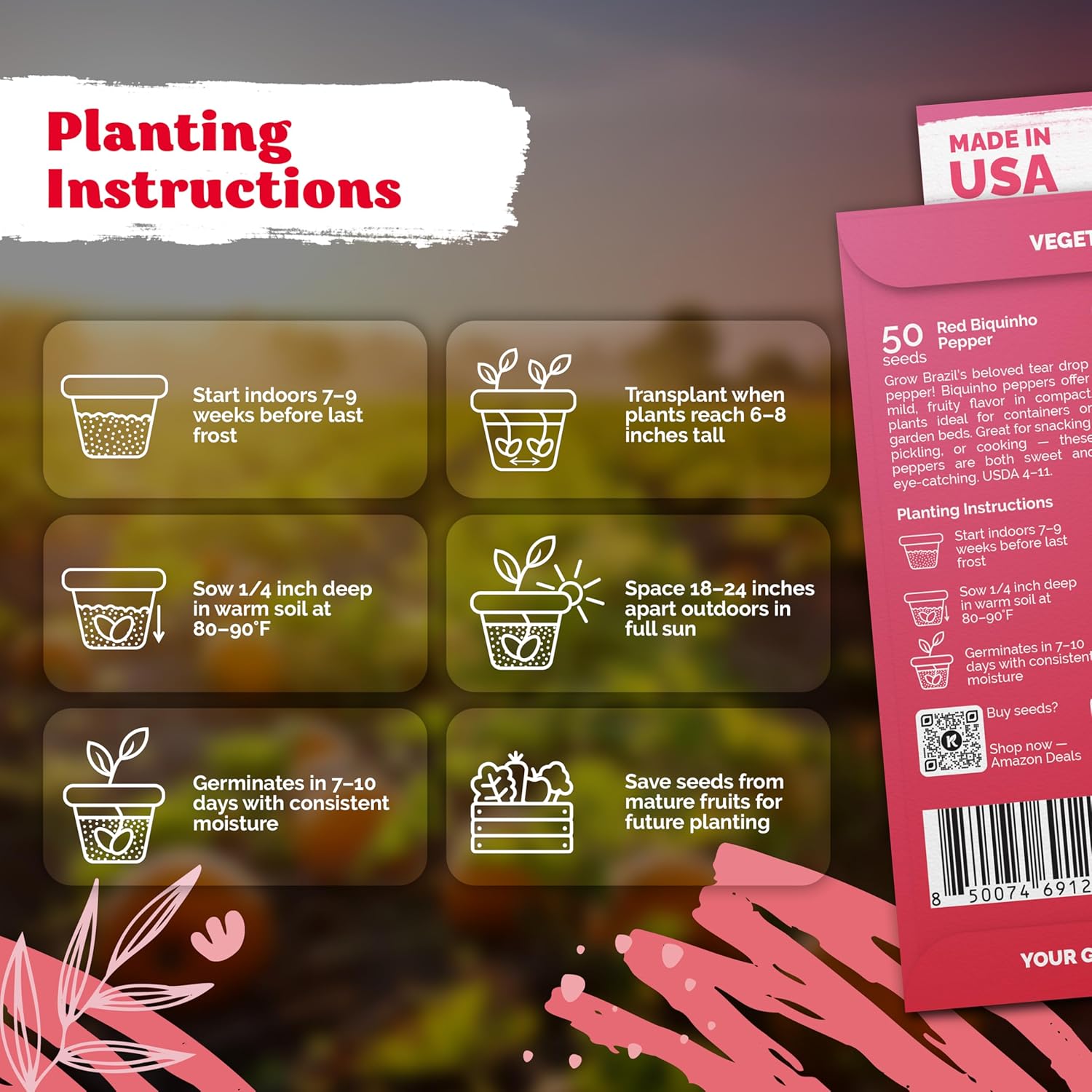 KVITER 50 Pimenta Biquinho, Sweety Drop Peppers Seeds (Capsicum Chinense) – Chupetinho, Pimenta de Bico, Little Red Tear Drop Peppers – Heirloom Red Pepper Vegetable Seeds for Outdoor & Indoor Garden