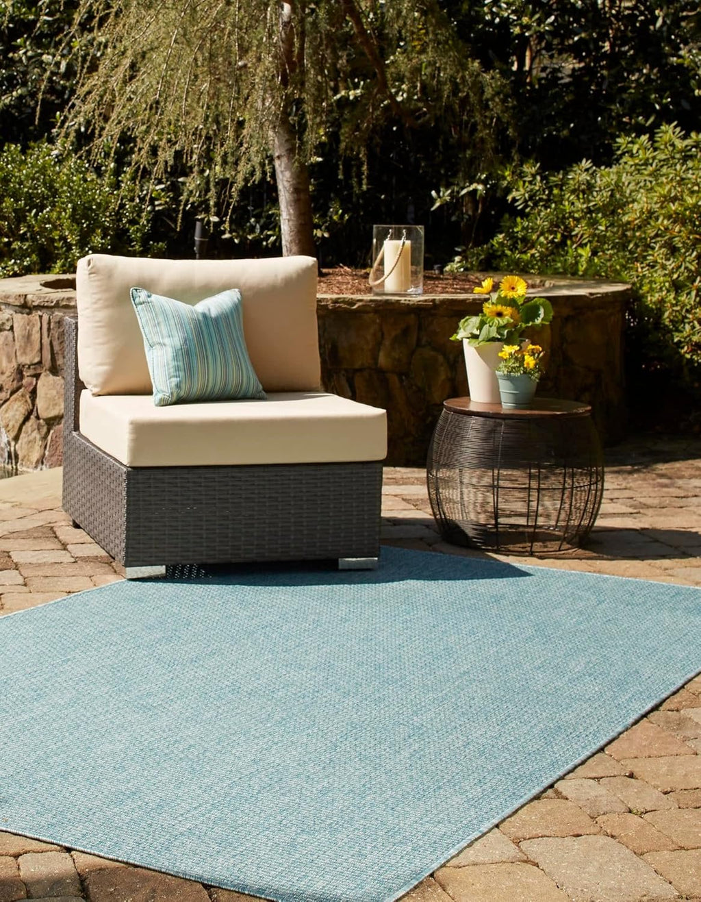 Unique Loom Collection Casual Transitional Solid Heathered Indoor/Outdoor Flatweave Area Rug (6' 1" x 9' Rectangle, Aquamarine/Ivory)