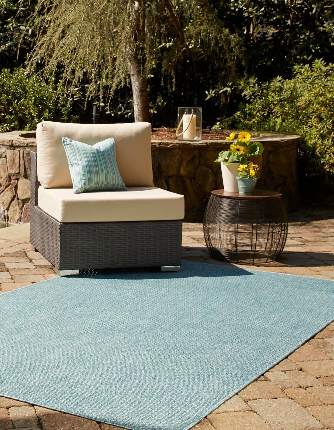 Unique Loom Collection Casual Transitional Solid Heathered Indoor/Outdoor Flatweave Area Rug (6' 1" x 9' Rectangle, Aquamarine/Ivory)