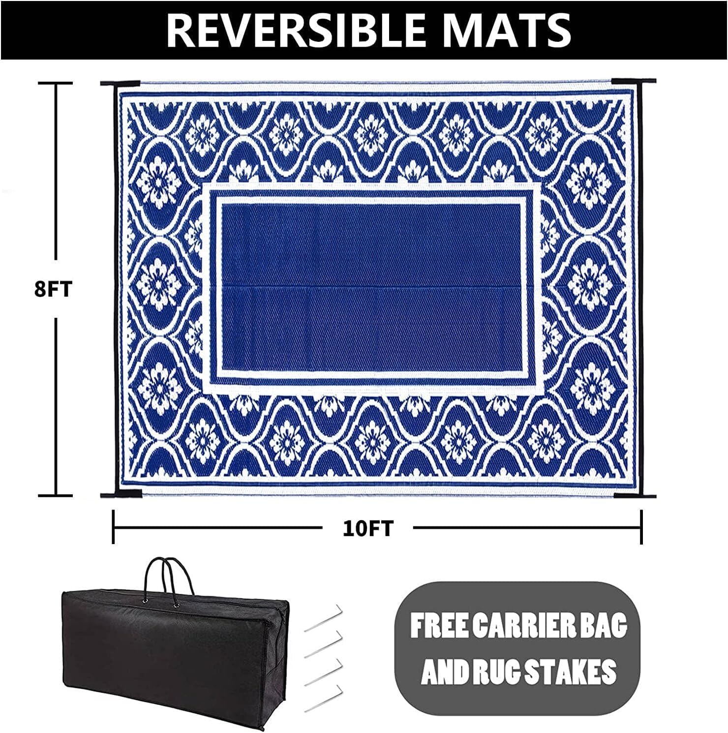 Outdoor Rug 8x10 Patio Waterproof Mat Camping Carpet Outside Area Rug Reversible Light Blue Rugs for RV Deck Entryance Porch Picnic Balcony Beach