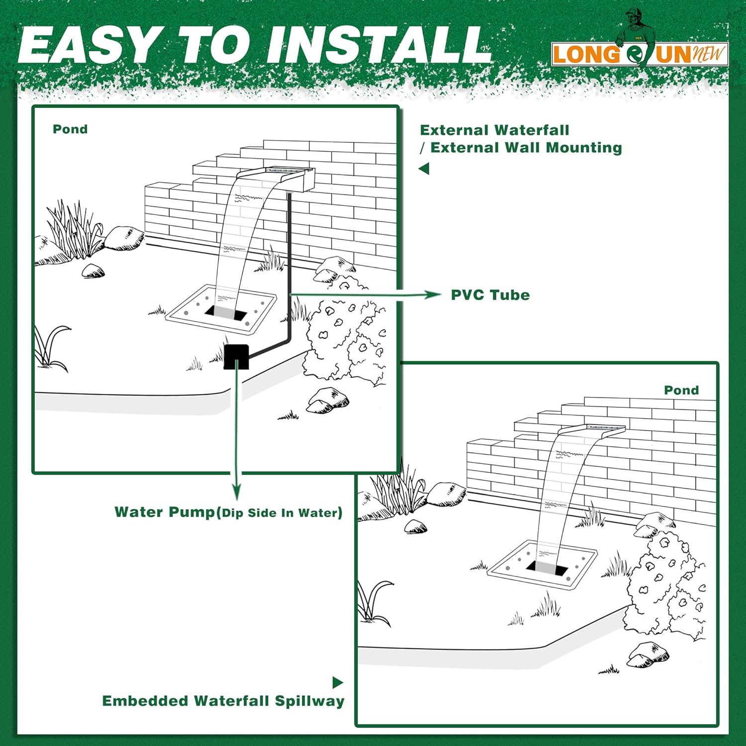 Waterfall Pool Fountain, LONGRUNNEW Stainless Steel Waterfall Spillway with Pipe Connector Kits for Outdoor/Indoor Decorative, 23.6 Inches Pool Water Feature for Garden Patio, Backyard Koi Pond Decor