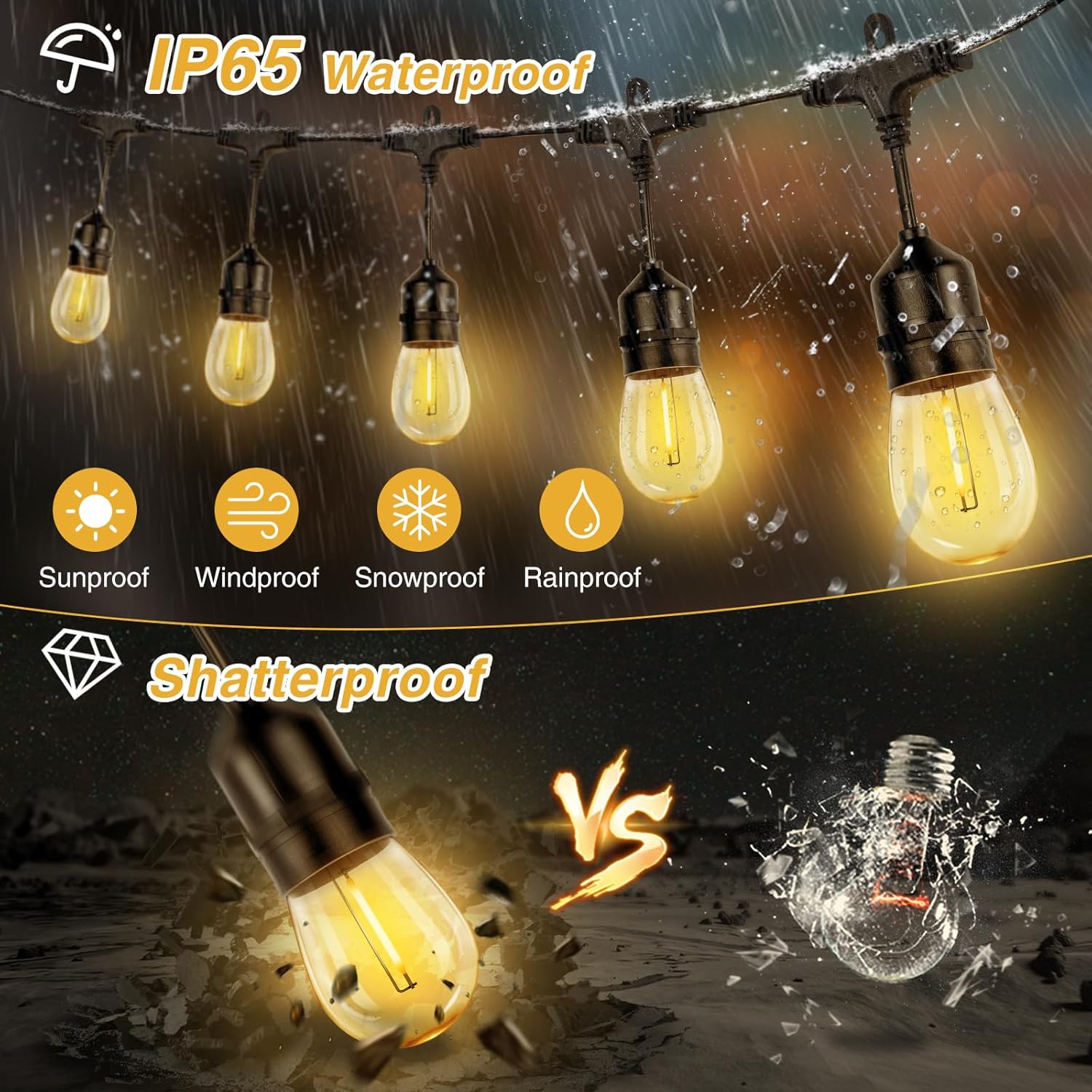 ZJOJO 60FT Solar String Lights Outdoor Waterproof, Solar Lights Outdoor with 15 Shatterproof Bulbs IP65, Patio Light for Outside Decor