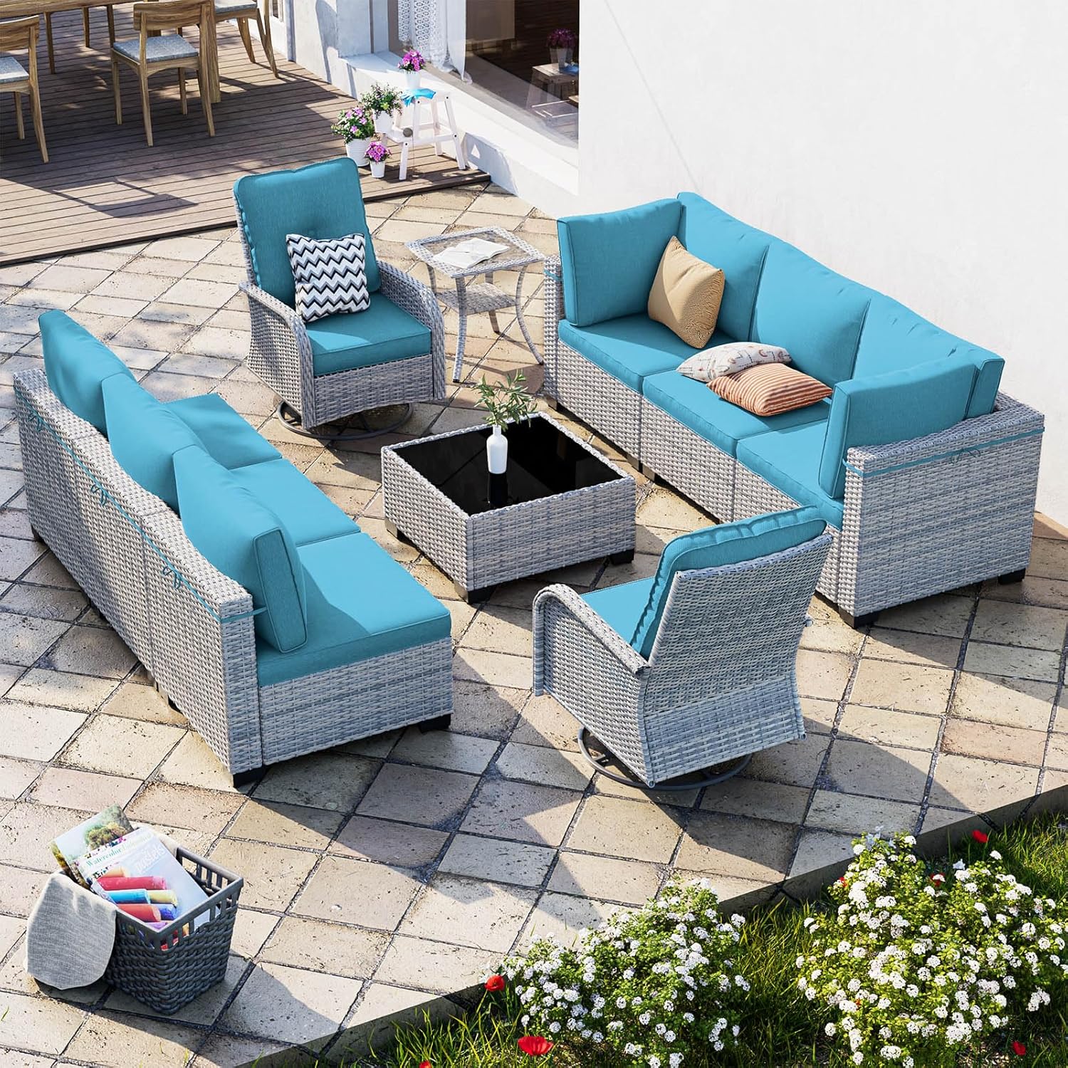 10-Piece Patio Furniture Set, Outdoor Patio Furniture with Swivel Chairs Set, Thick Cushions, Modular Patio Sofa, Dual-Strand Wicker Rattan, Rust-Resistant Frame, Lake Blue