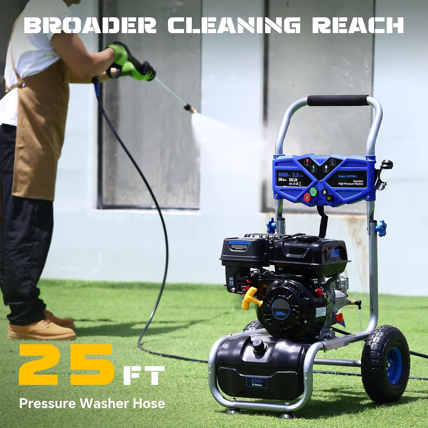 Gas Pressure Washer 3500 PSI 2.3 GPM, Power Washer with 209CC Engine, 25FT Hose, 4 Nozzles, High Pressure Cleaner for Cars, Driveways, Patios, Fences, Home Outdoor Cleaning