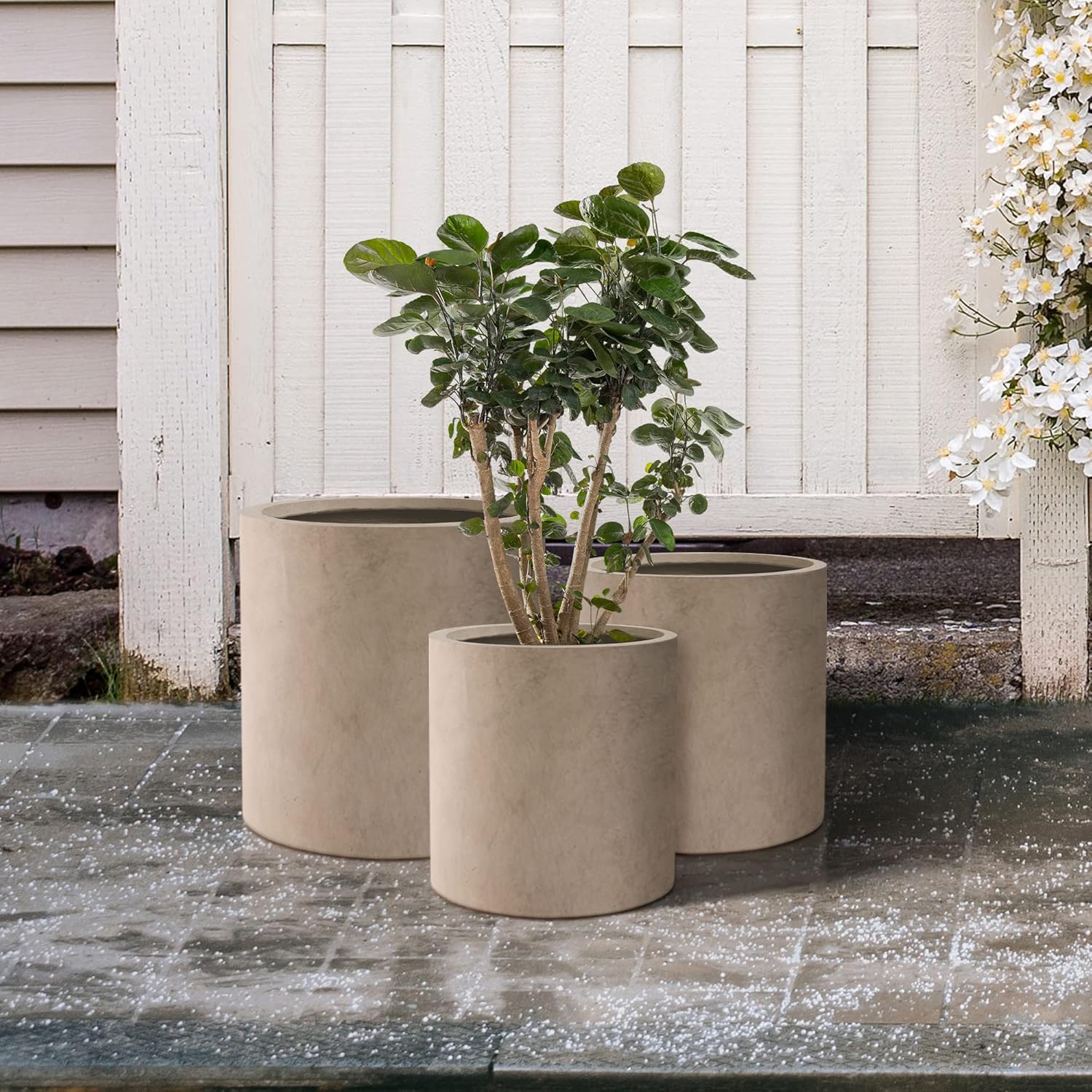 Kante 9.8",12.6",15.7" Dia Round Concrete Planter Set of 3, Modern Design Large Cylindrical Plant Pot with Drainage Hole for Indoor Outdoor Plants, Patio, Garden and Home, Weathered Concrete