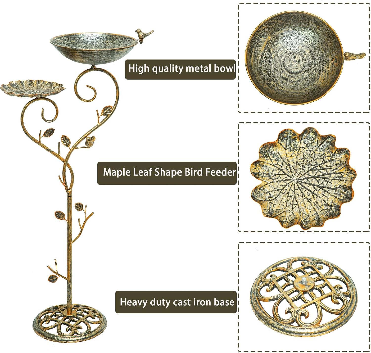37" H Cast Iron Pedestal Bird Bath, 2 in1 Bird Baths for Outdoors/Metal Bird Feeder Bowl Tray,Vintage Metal Bird Bath Garden Yard Decor