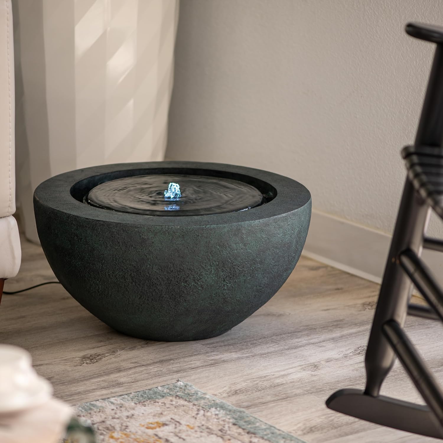 Xbrand 19.8" W Round Polyresin Indoor/Outdoor Sphere Water Feature w/LED Light, Garden Patio Fountain Decor, Dark Green, ALLS3542-2