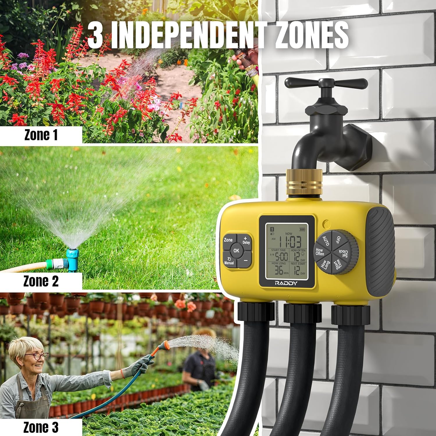 Raddy WS-8 Sprinkler Timer 3 Zone, Heavy-Duty Outdoor Irrigation Controller with Manual Watering, Rain Delay, High-Pressure 6V Valve, Fully Waterproof for Garden Yard, Yellow